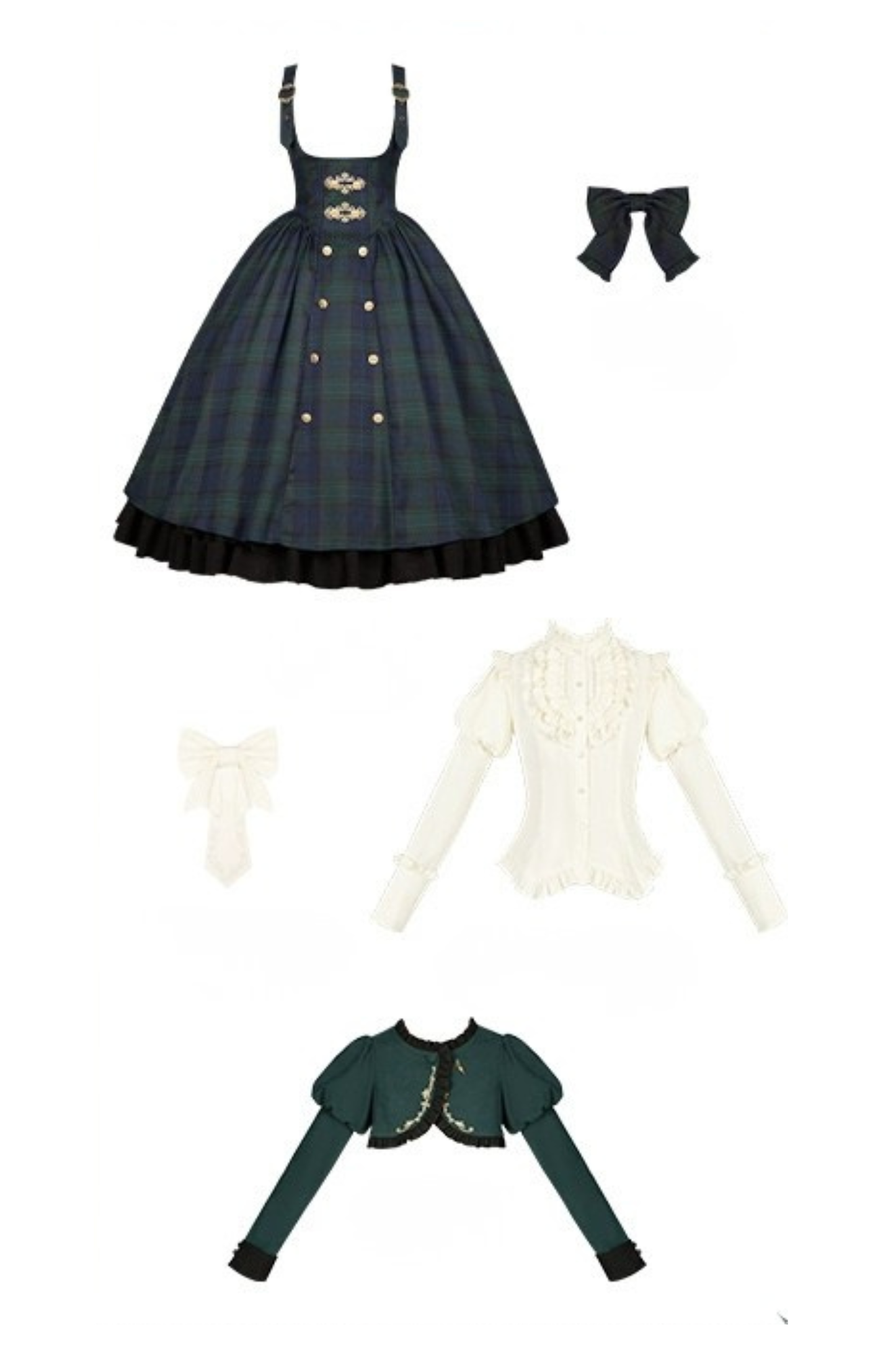 レトロカレッジスタイルチェックロリータスカート+ジャケット+マント+ブラウス+リボン+ネックレス
