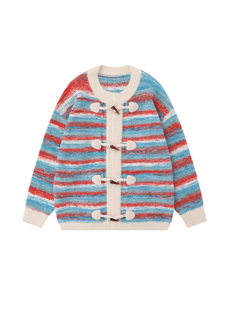 American Retro Art Striped Loose Horn Button Knit Cardigan