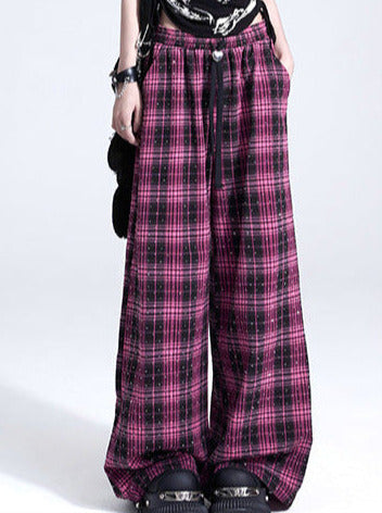 闪亮热钻红色格纹阔腿裤