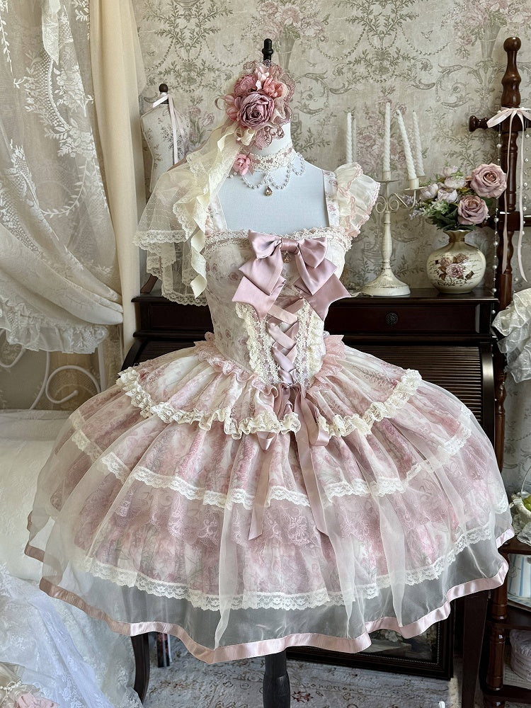 【4月12日预售截止】粉色花卉仙女公主薄纱连衣裙+配饰