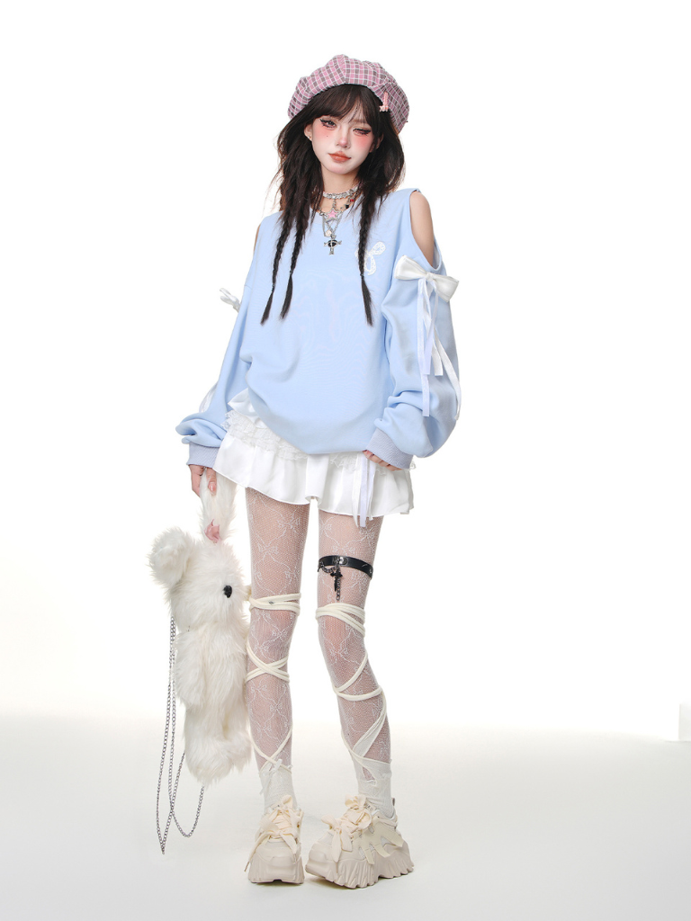 オフショルダー リボンスウェットトップス