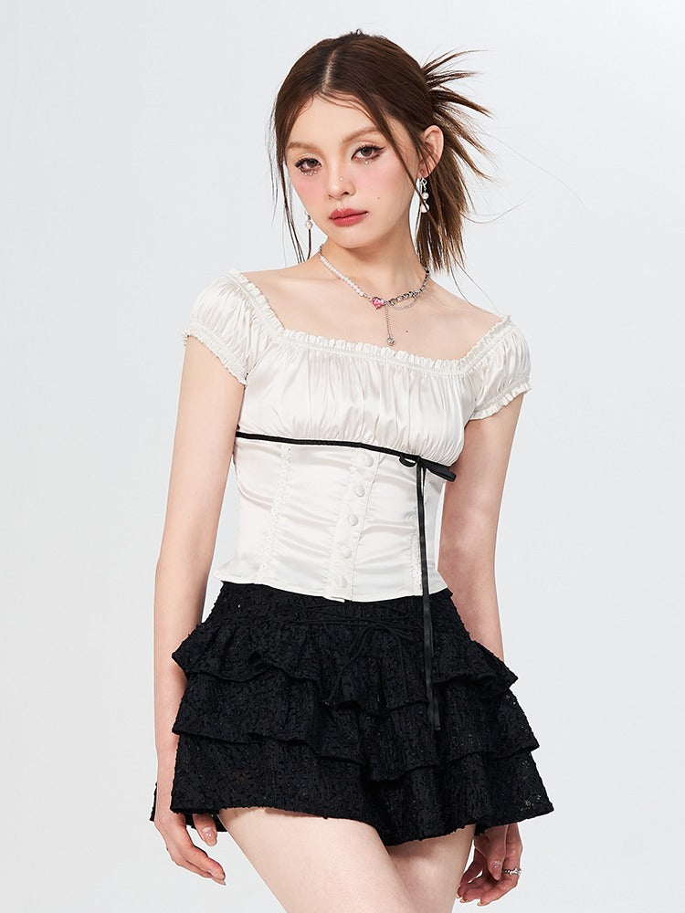 Off -shoulder puff streakribon short tops