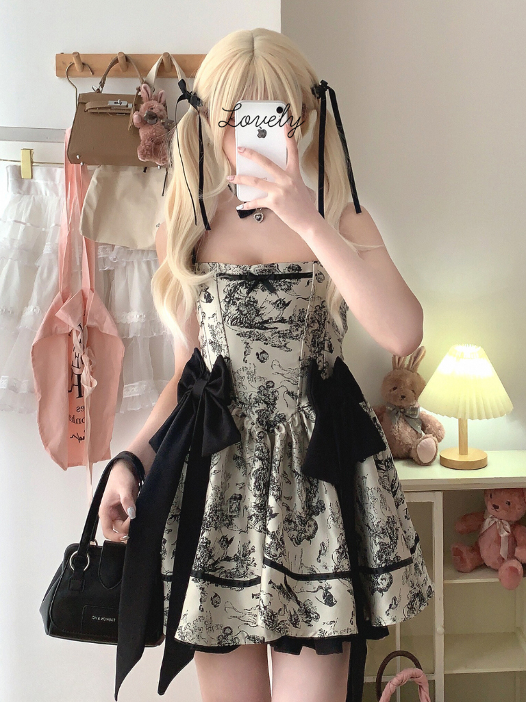 ダークナイトバンケットジャカードレトロストラップレスフィッシュボーンリボンドレス