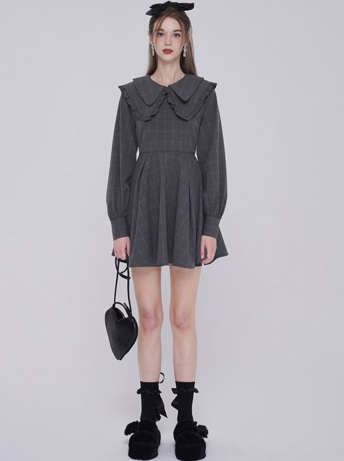 ダークグレーチェックパフスリーブワンピース