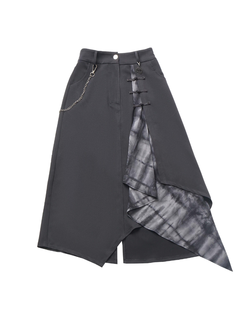 レースアップスリーブトップス+イレギュラーベージュスカート+ワイドパンツ