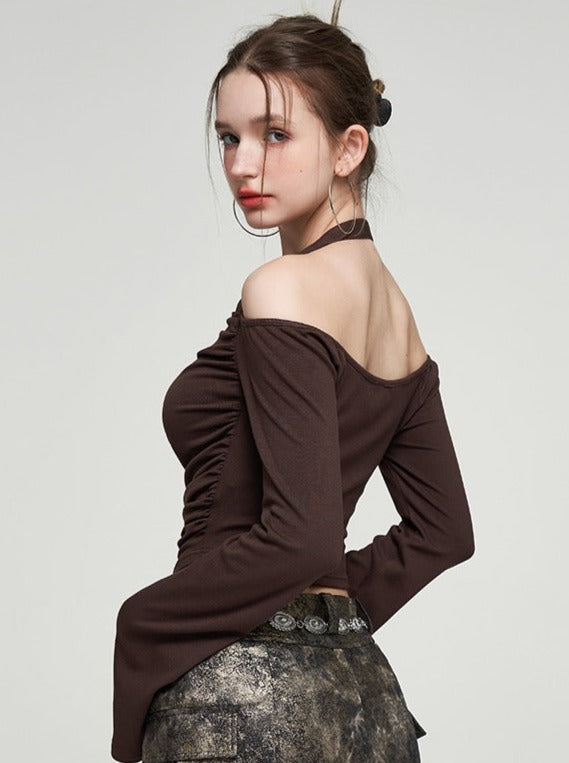 スリムショートオフショルネックデザイントップス