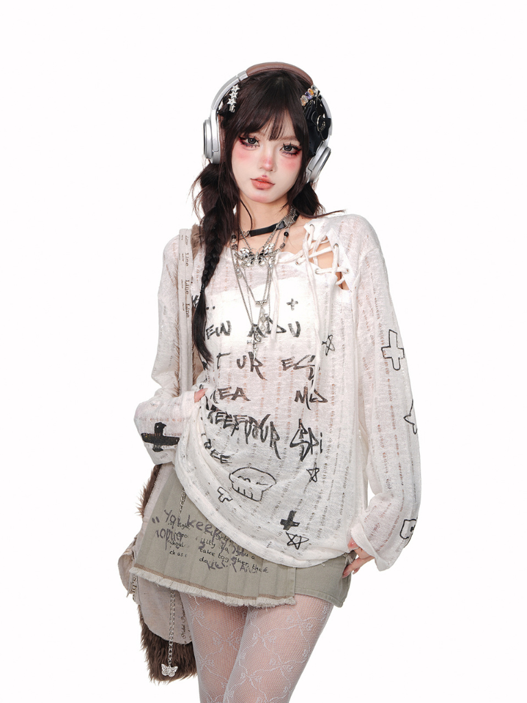 レースアップムーンライト ニットトップス