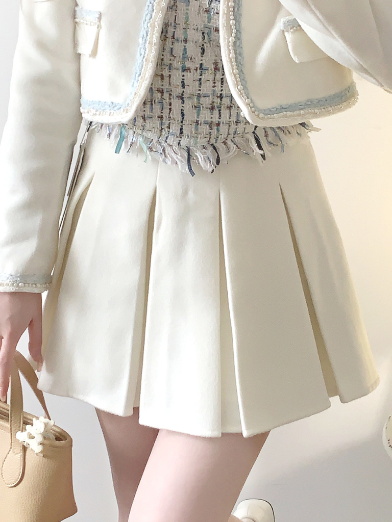 Sweet White Jacket + Pleated Skirt