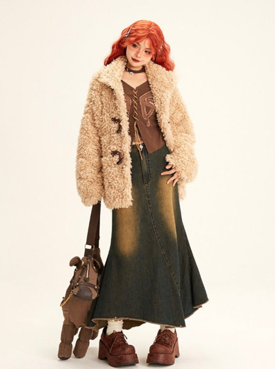 Plush lapel horn button velvet boa jacket