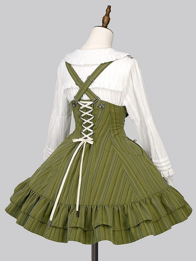 【12月29日予約締切】ゴシックロリータダークカラーストライプバッククロスフリルサスドレス