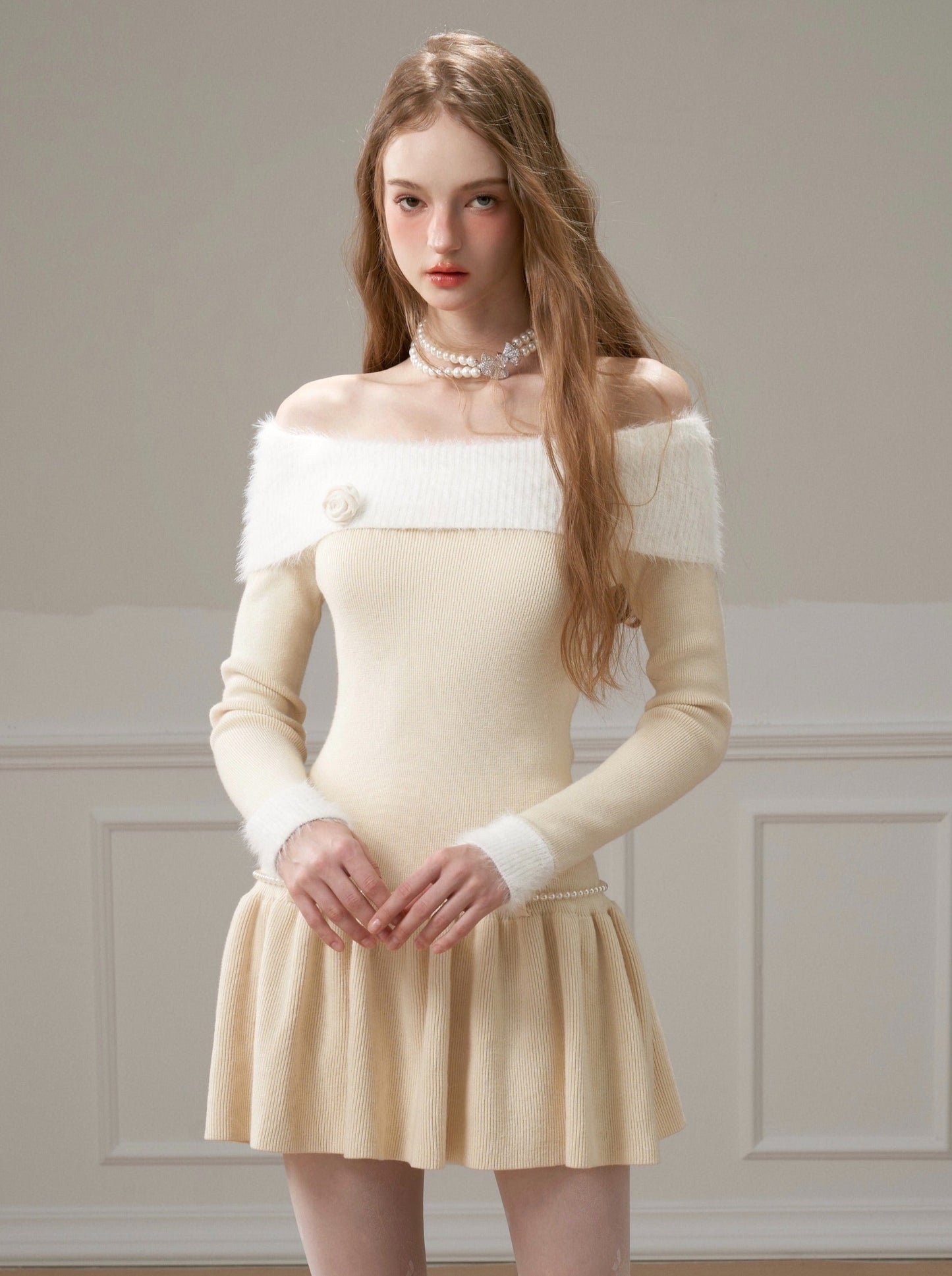 ローズバレエスイートガーリーオフショルニットワンピース