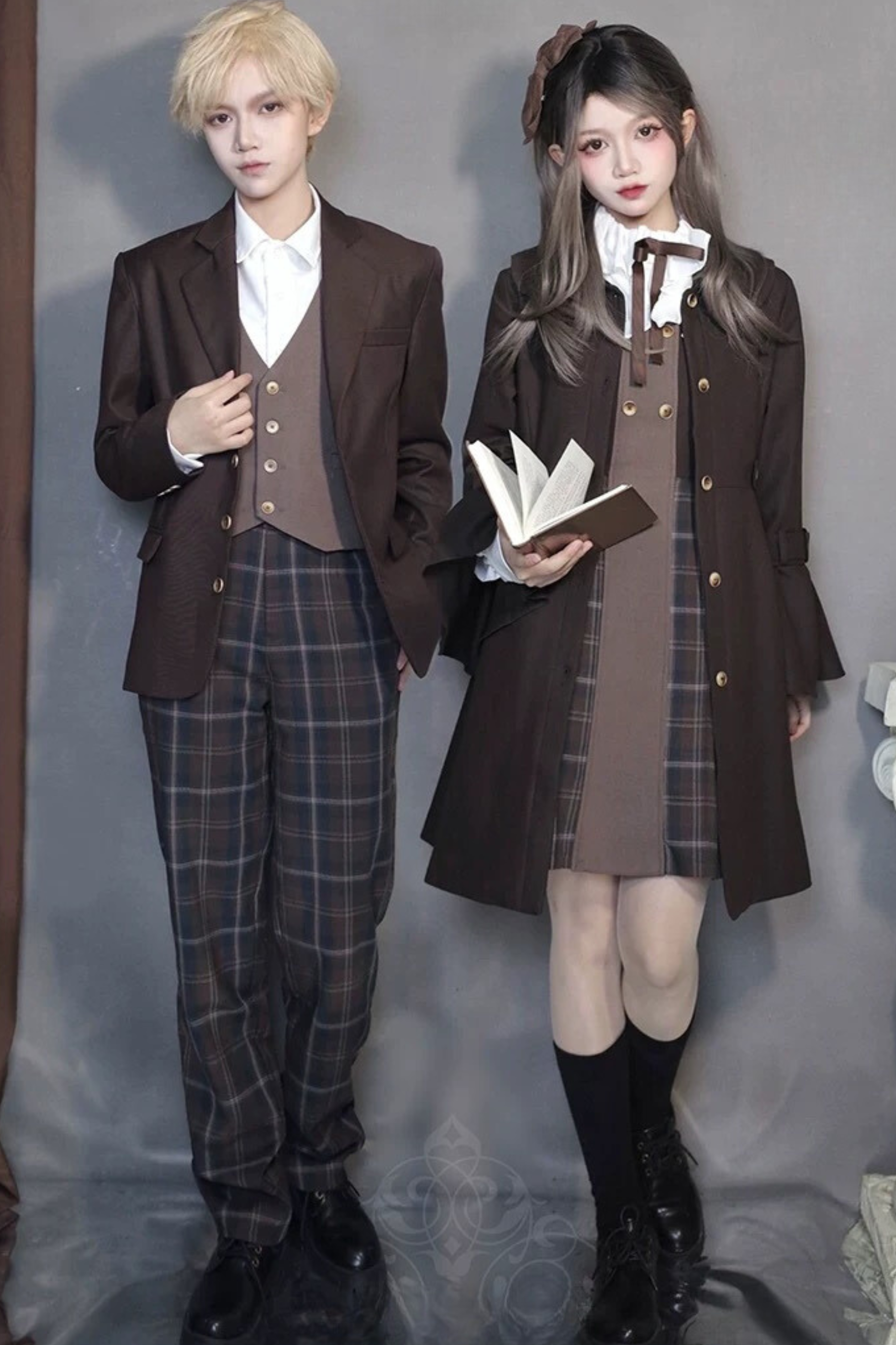 レトロロシアカレッジトレンチコート+チェックドレス+チェック レトロロシアカレッジトレンチコート+チェックドレス+チェック