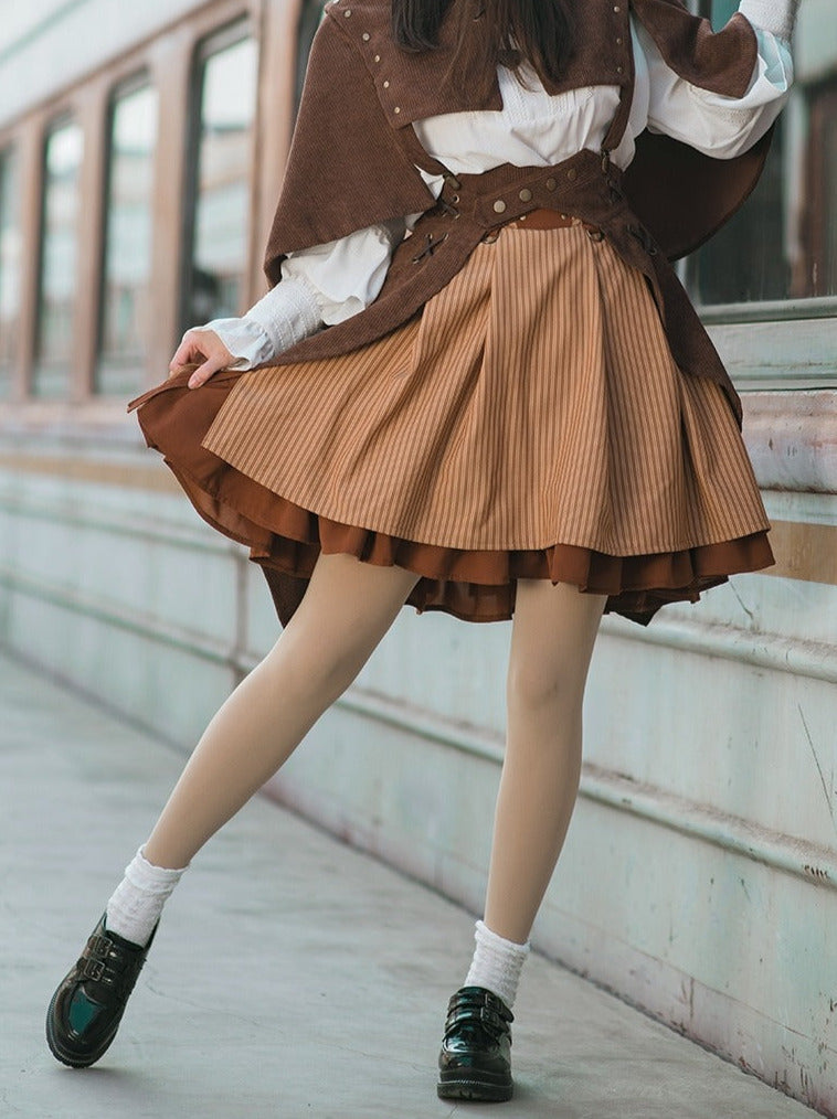 Steam Retro Orange Brown Stripe Ruffle Layered Skirt