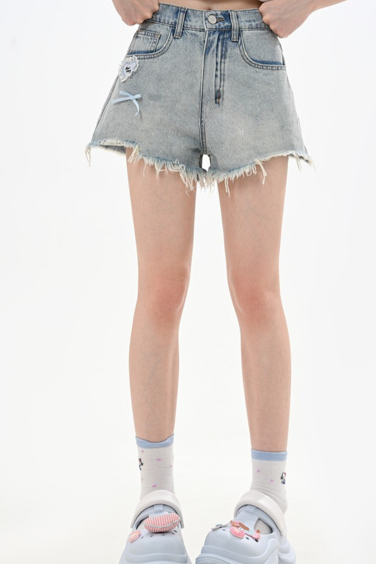 レトロロートリムブルーリボンショートデニムパンツ
