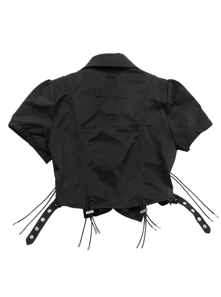 肩部金属十字抽绳后背十字拉链衬衫