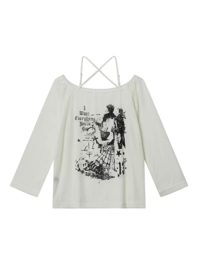 Subculture Anime Print Off-Shoulder Slim Long T Top