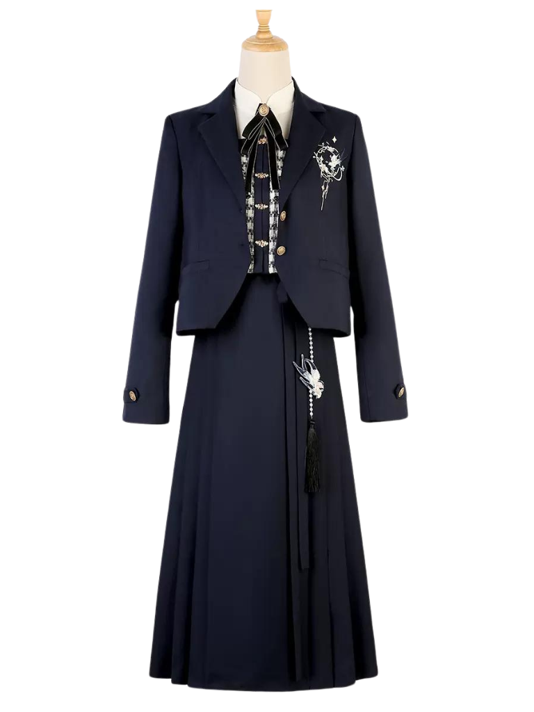 チャイナカレッジジャケット+バックルチェックベスト+ブラウス+プリーツスカート