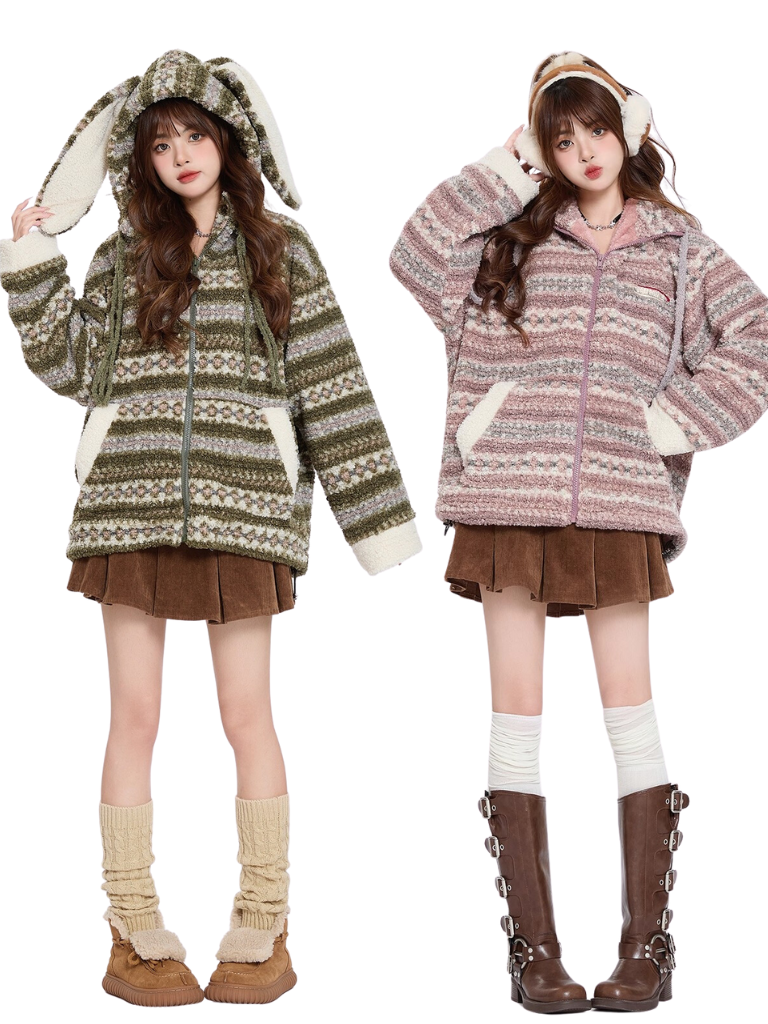 アメリカンレトロラムフリースコットンうさ耳コート