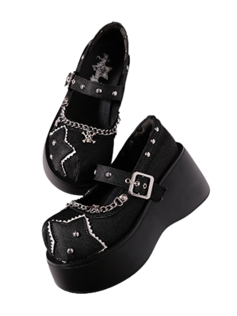 Star Denim One Buckle Round Toe Punk Platform Shoes