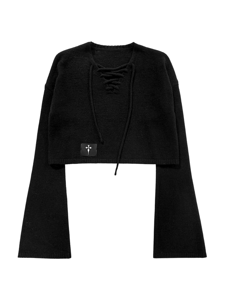 Bell Sleeve Straps Cross V-Neck Pullover Knit Sweater