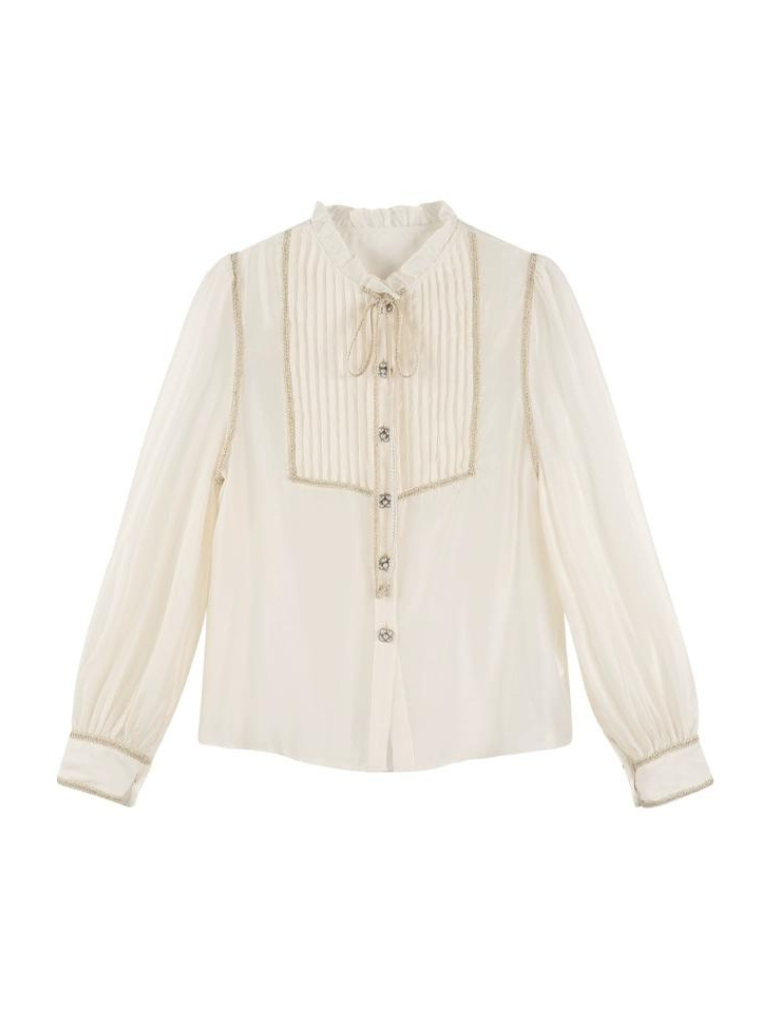 프렌치 살구 스탠드 칼라 셔츠 + 레트로 디자인 스커트