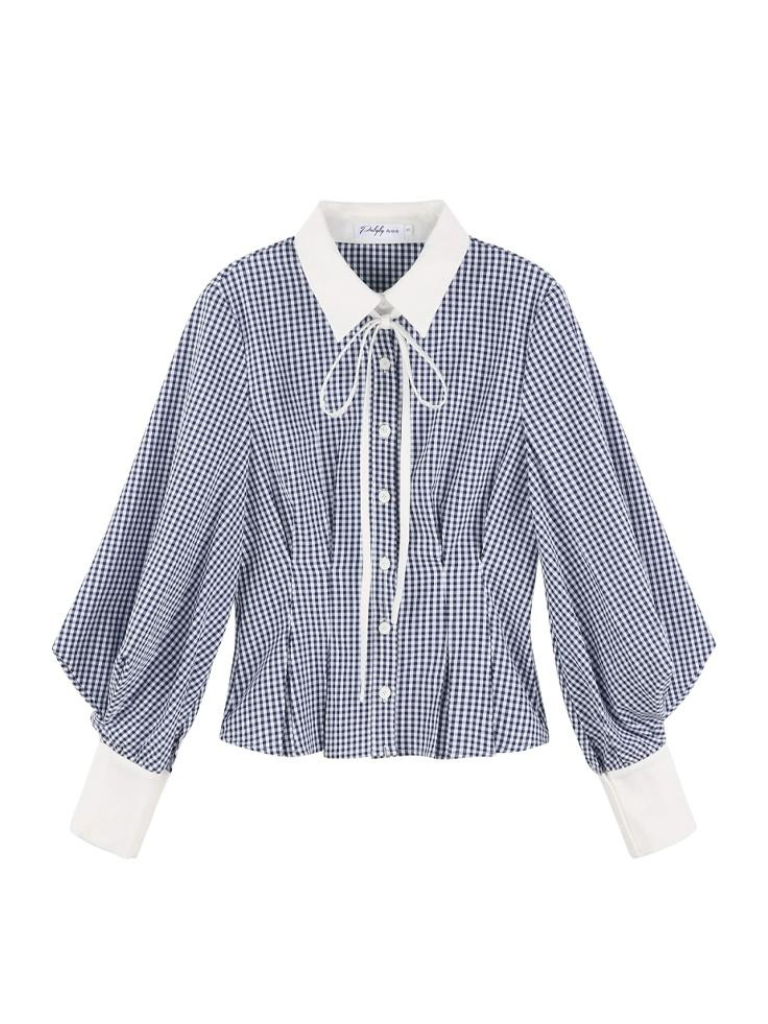 프렌치 블루 체크 벌룬 슬리브 셔츠 + 마린 프렌치 쇼트 팬츠