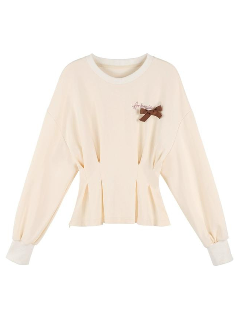 살구 페플럼 스웨트 셔츠 + 체크 스커트