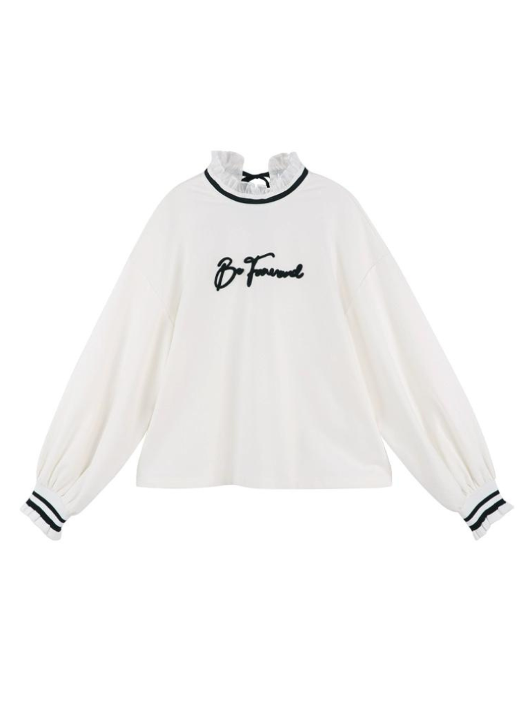 레이스 스탠드 칼라 스웻 탑+아시메 체크 스커트