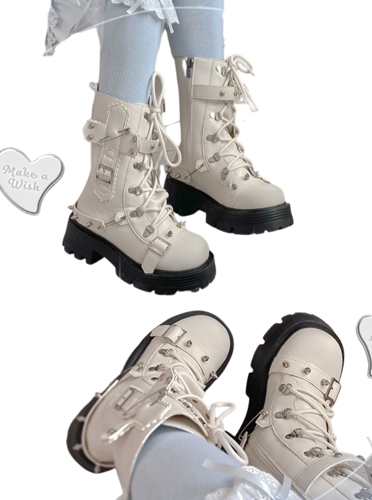 クールパンクリベットメタルストラップロリータブーツ