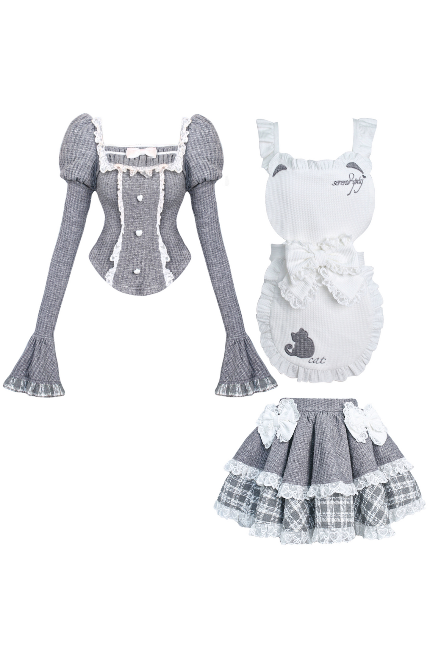 Puff Sleeve Top + Kitten Embroidered Apron + Cake Skirt