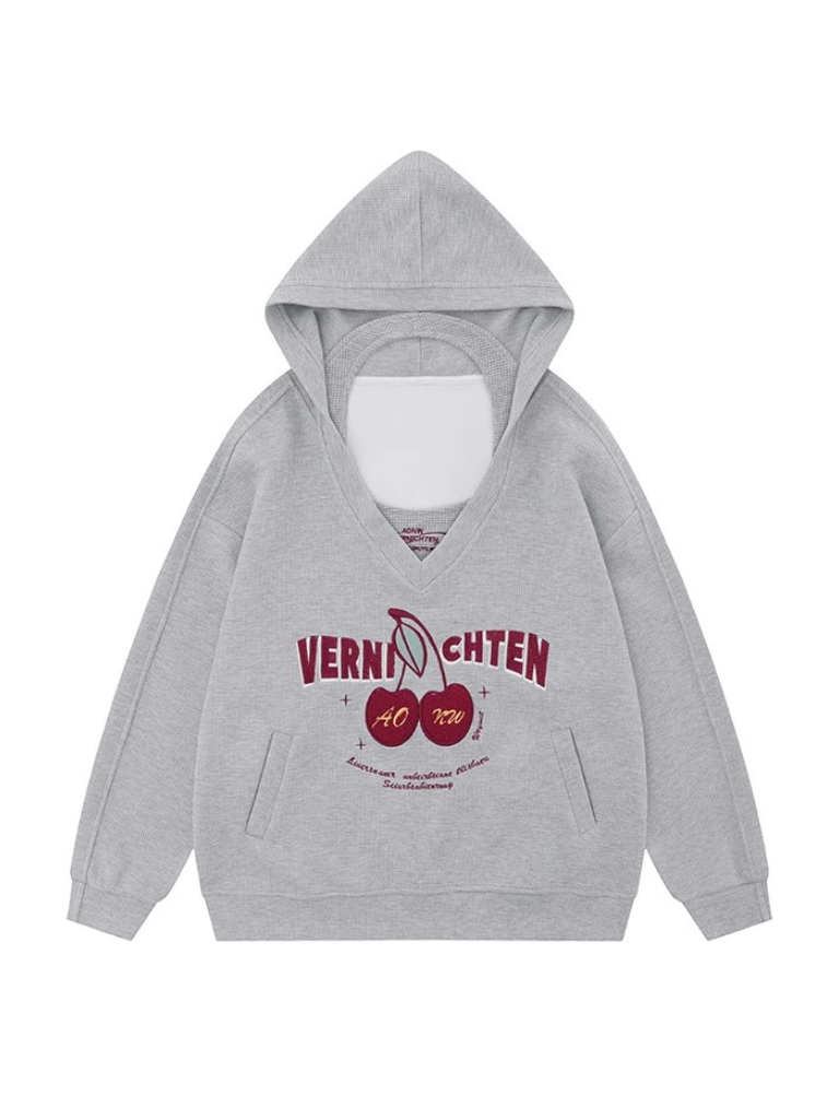 American Retro Cherry Embroidered Hooded Sweatshirt Loose Waffle Two Piece Set