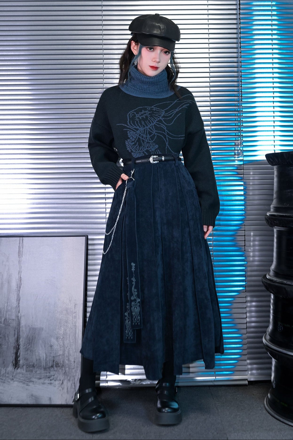 Weird House "Blue Tears" chenille multi-piece spliced streamer skirt women's autumn and winter black midi A-line skirt