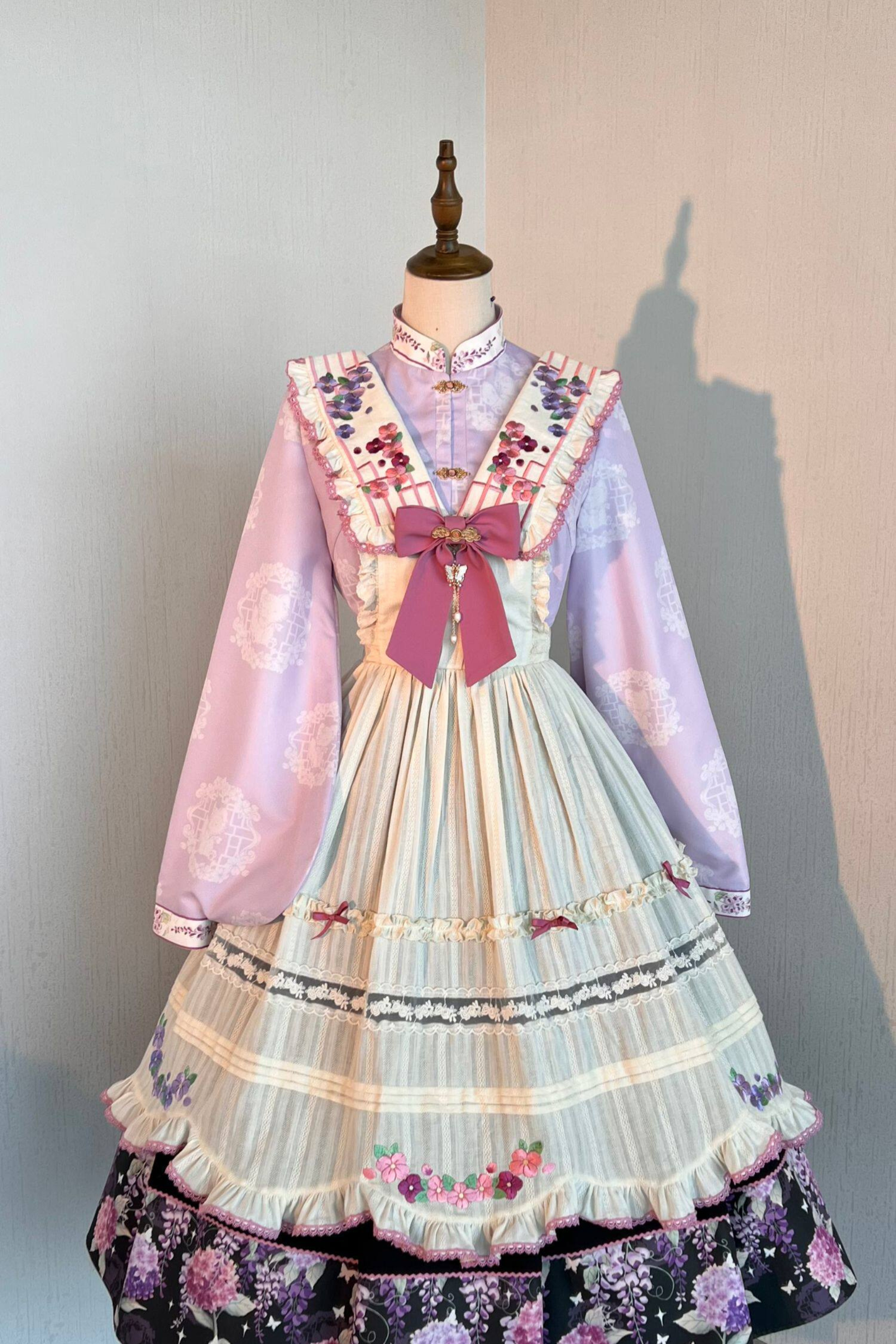 フローラルチャイナロリータトップス+スカート+エプロン+カチューシャ+ボンネット