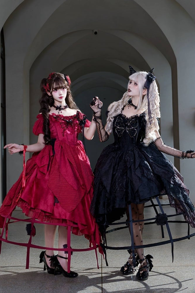 【10月28日予約締切】Red Butterfly Gothic Lolita Puff Sleeve Dress Top + Layered Ruffle Asymmetrical Hem Skirt Set (With Chest Brooch + Waist Brooch)