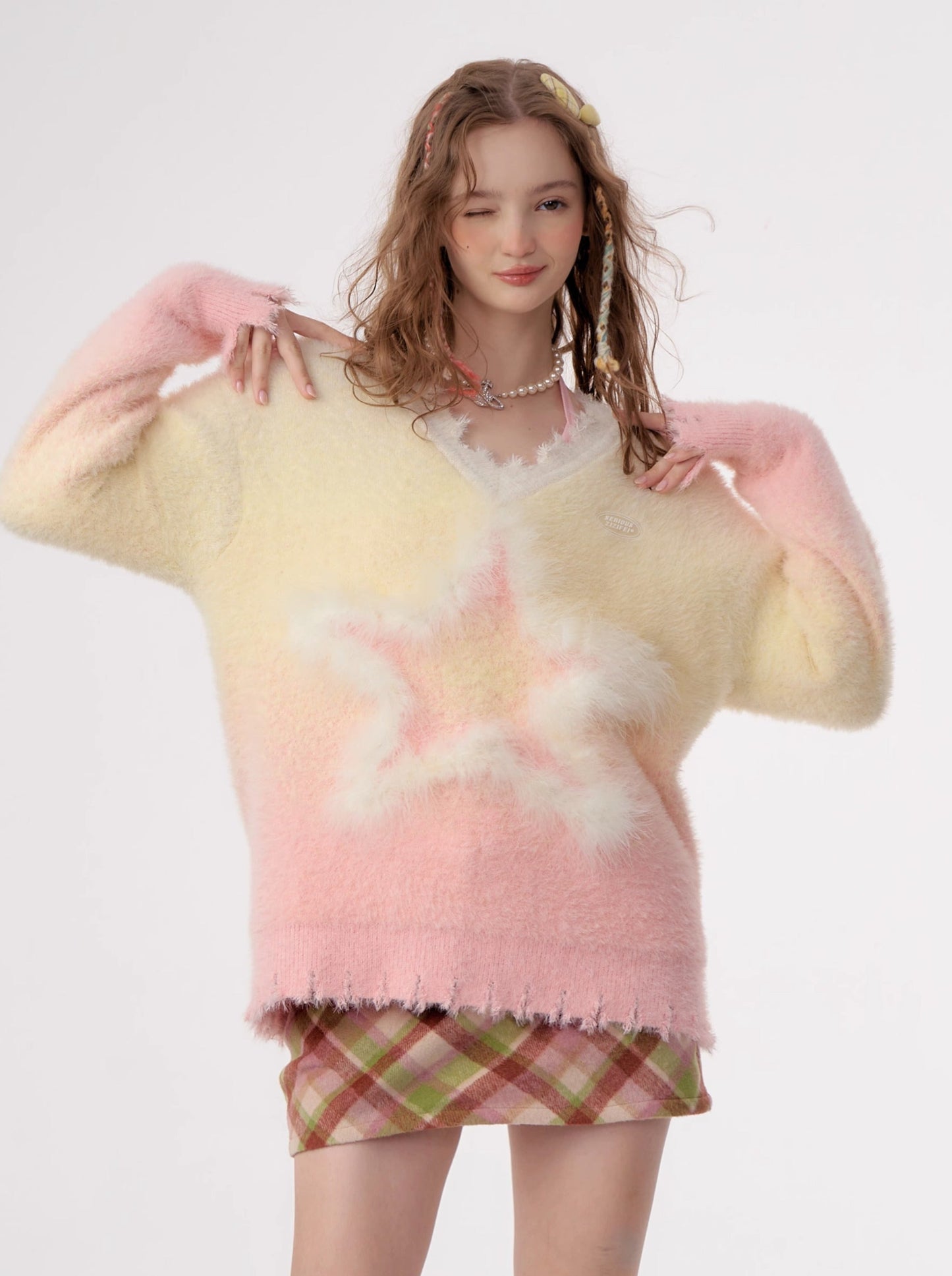 美式复古设计粉色黄色渐变针织 + 渐变围巾