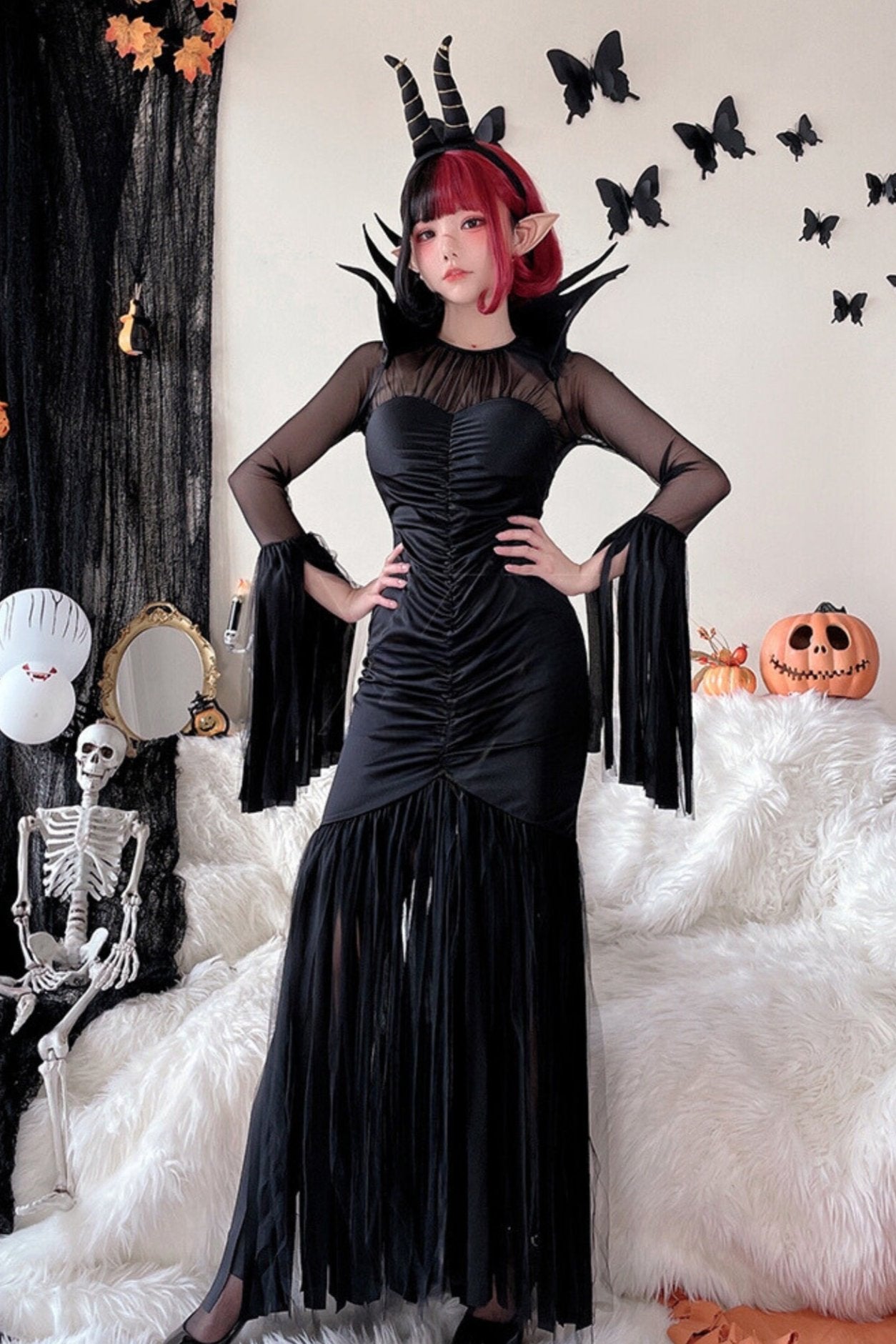 black gothic witch dress Xpluswear Design Plus Size Halloween Costume Gothic Black Velvet Witches Maxi Dress (Without Gloves)Ships 24h