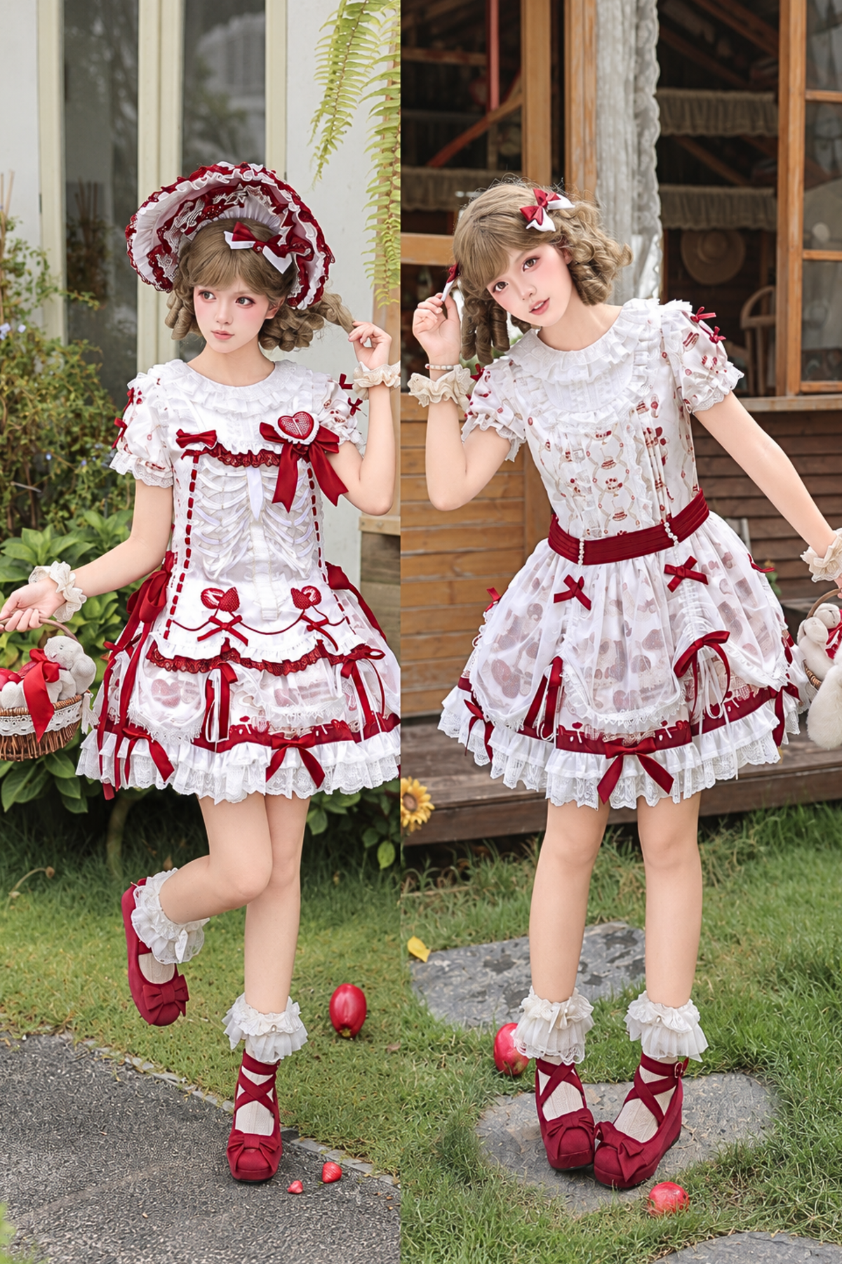 【11月4日予約締切】Strawberry Print Sweet Lolita Lace Bow JSK Dress + Puff Sleeve Lace Bow Doll Dress with Bone Embroidery Apron