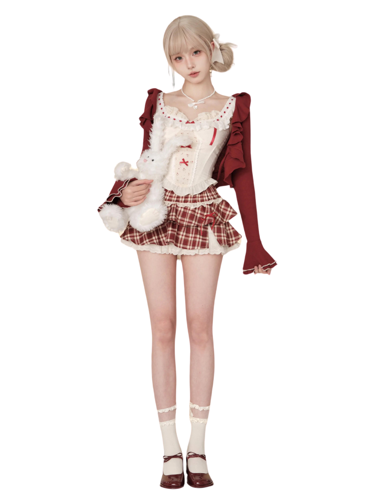 Red Wine Sweet Cherry Summer Suit Red Cardigan + Vest Top + High Waist Red Check Skirt