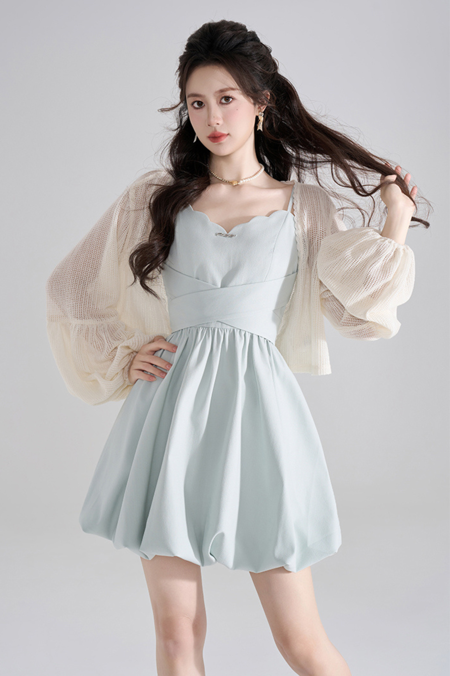 Gentle Blue Halter Dress + Sheer Cardigan – Belchic