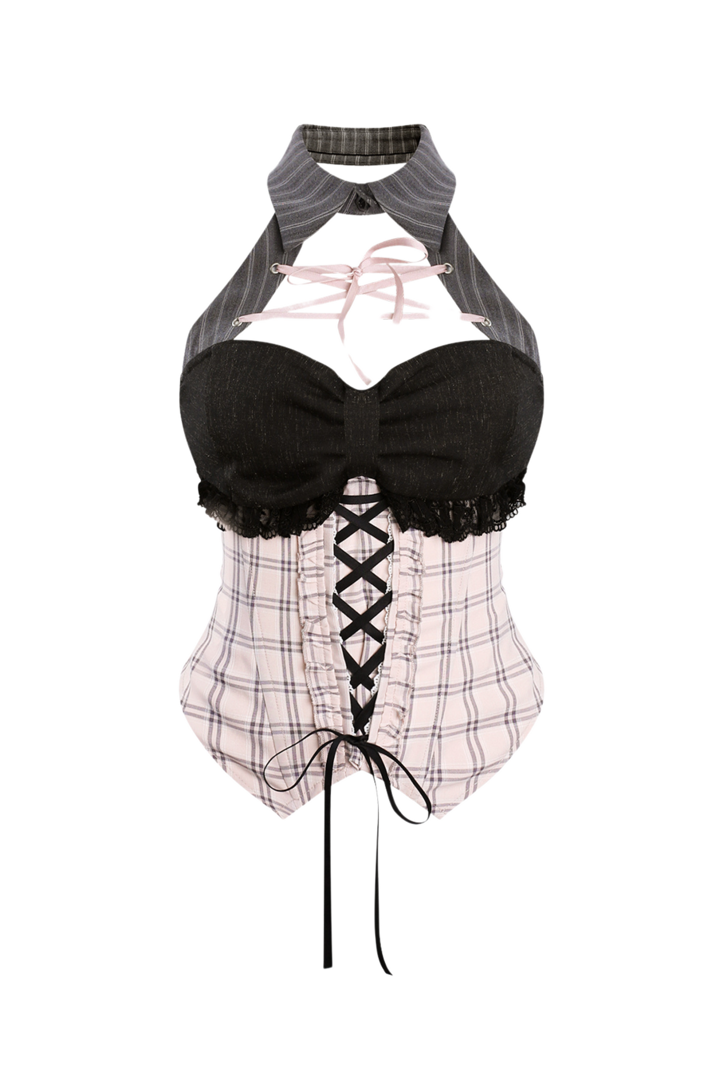 レースアップチェックトップス+ストライプスカート