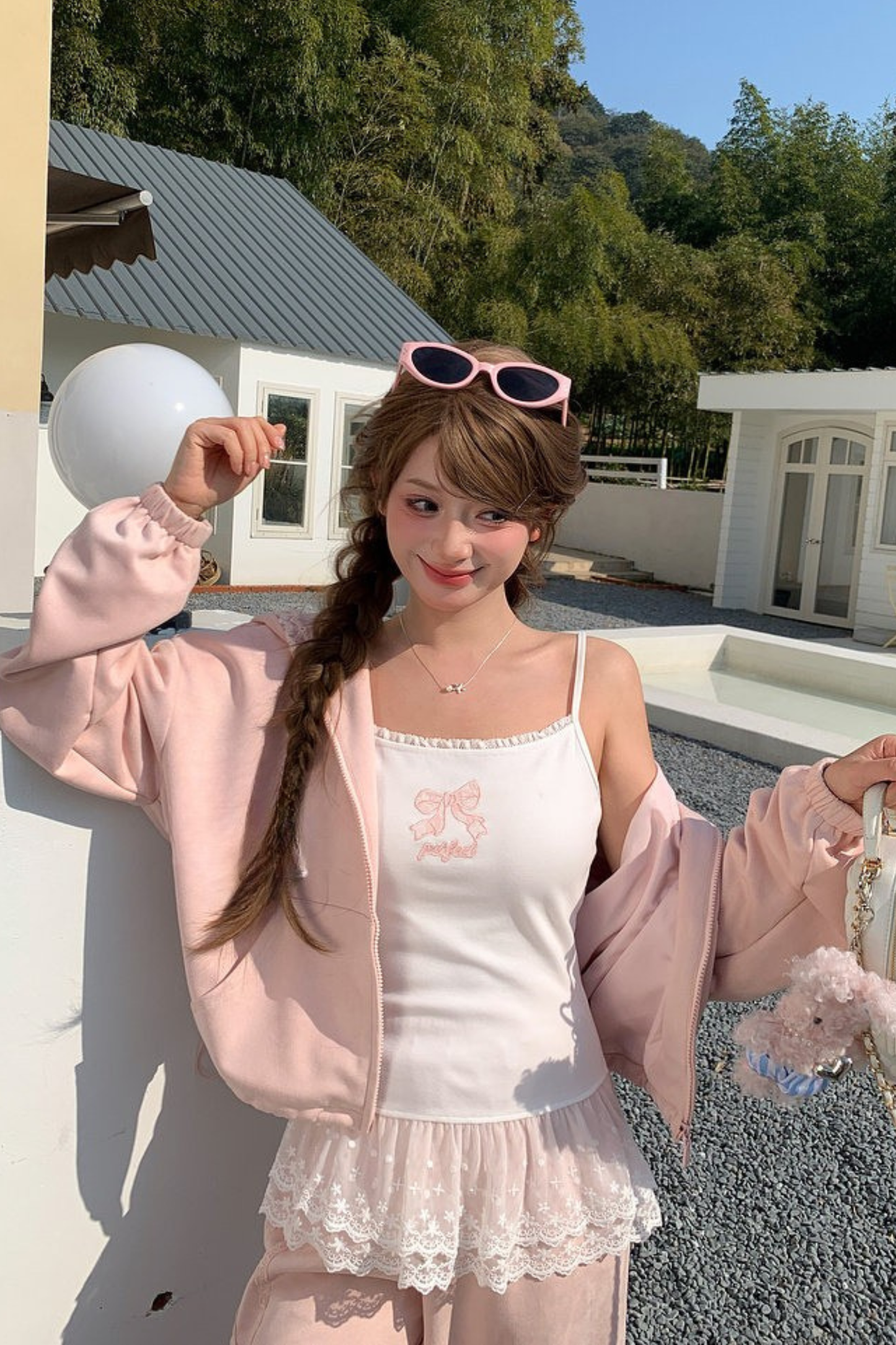 レースパッチワークフーデッドジャケット+パンツ+トップス