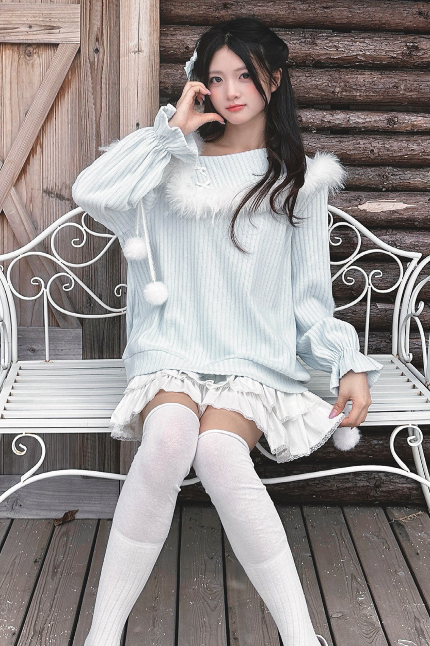 スイートブルーオフショルダーニットトップス