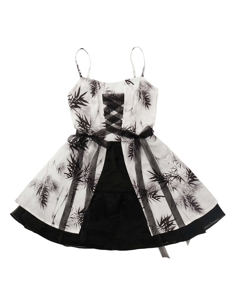 チャイナレトロプリントシアーカーディガンサスペンダードレスセットアップ