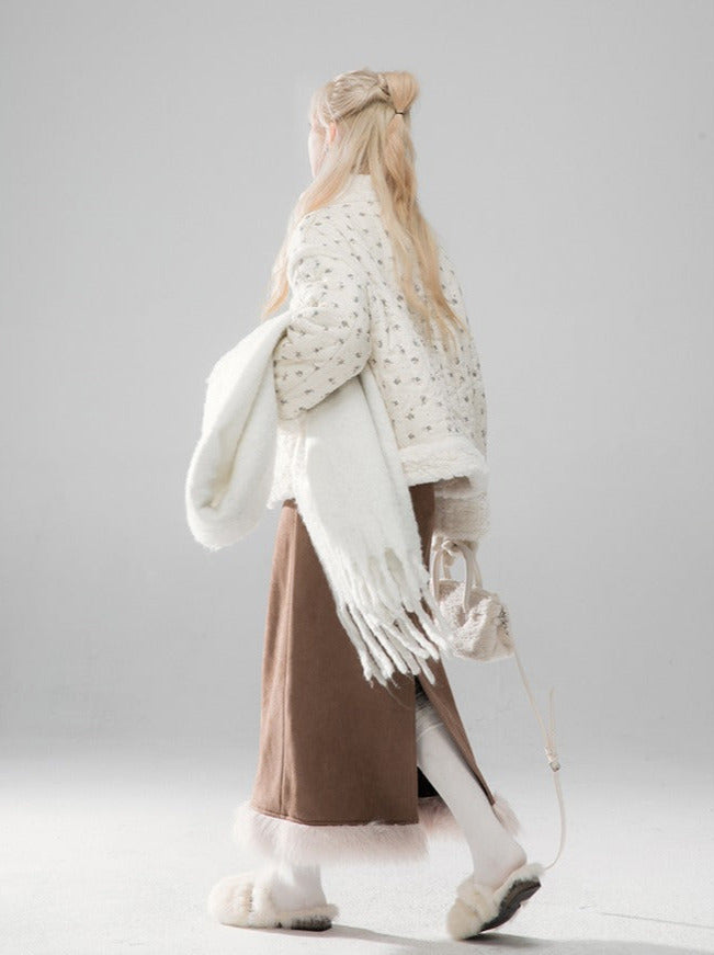 Braken Brown Fur Navy Collar Short Jacket + Fur Slit Skirt [Reserved Item