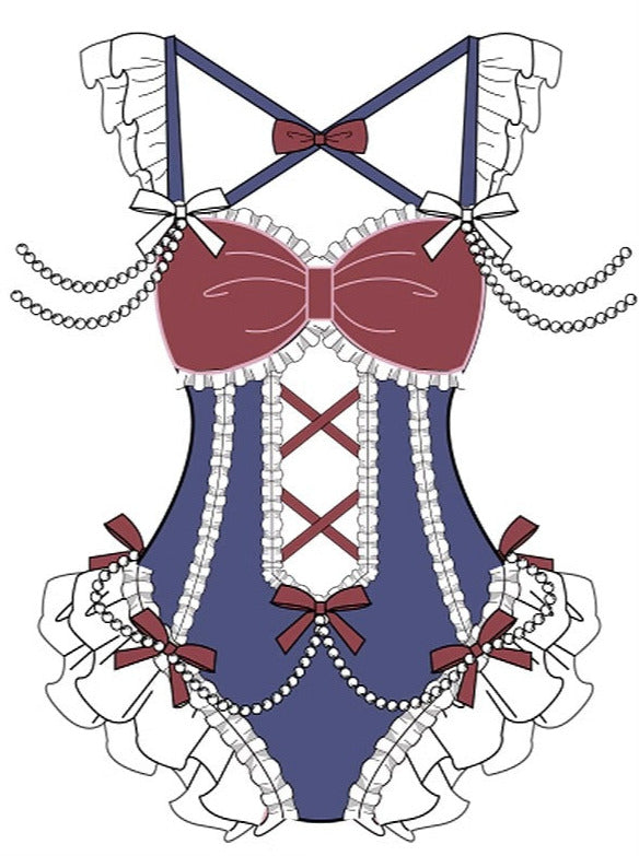 フリルショルダーパールリボンデコレーションアイドルテイストワンピ水着