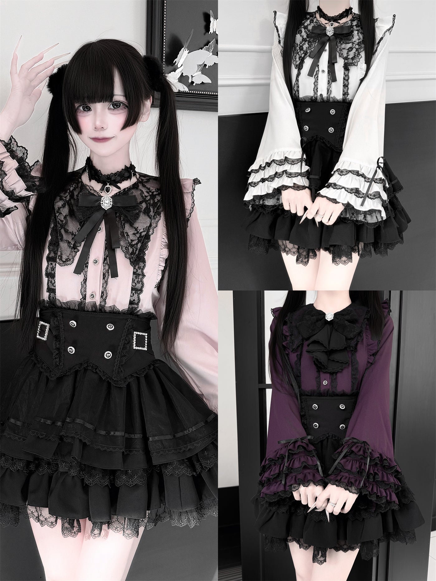 【1月7日予約締切】ジュエルリボンベルスリーブシャツ+ブラックストライプティアードスカート+セットアップ