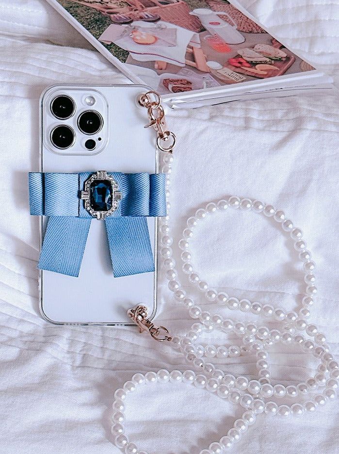 Pearl Chain Rhinestone Blue Ribbon Phone Case