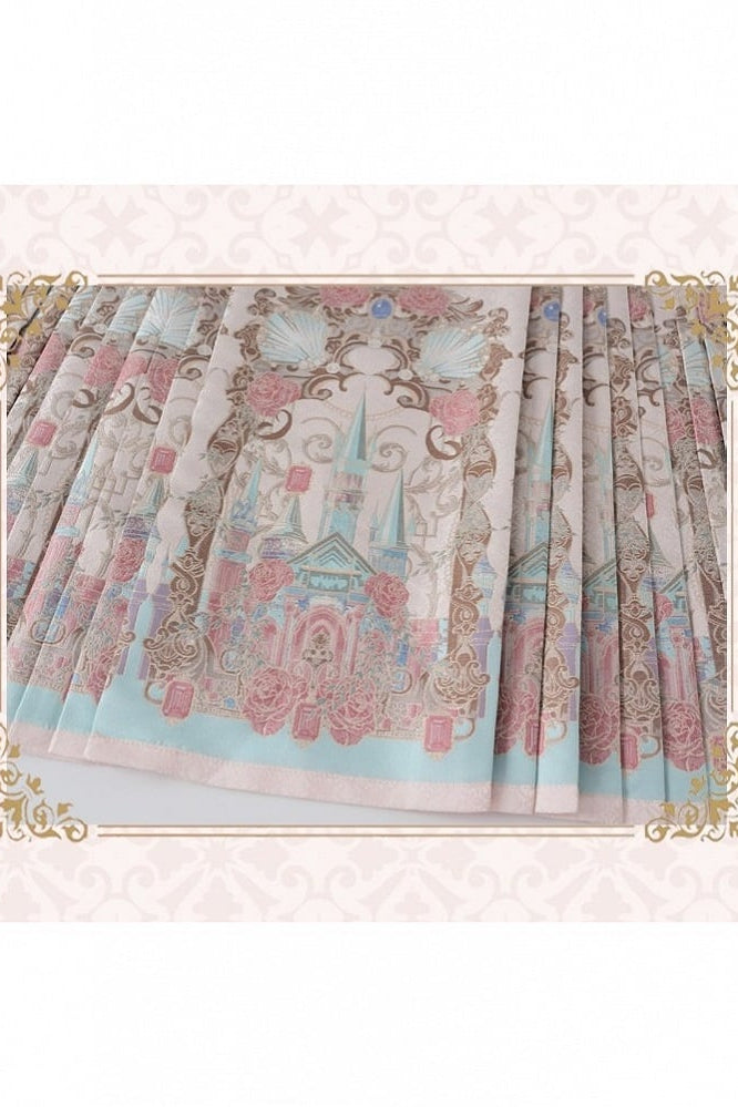 【10月10日予約締切】Black Pink Romantic Rose Castle Classic Lolita Bustier Top( with 3 ribbon accessories)+ Castle Print Pleated Skirt
