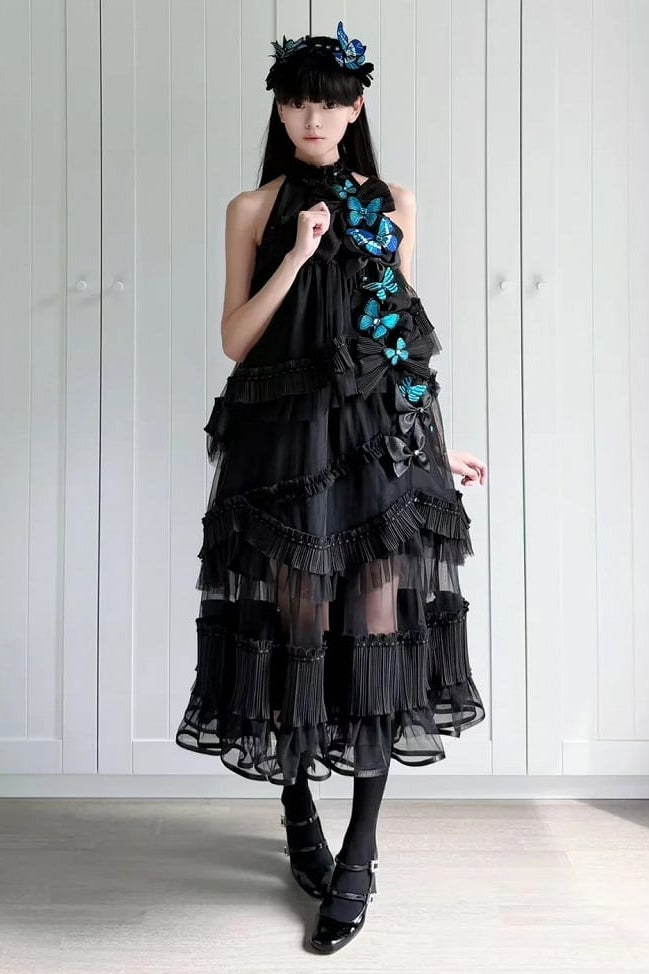 【10月14日予約締切】Black/White Gothic Lolita Blue Butterfly Bow Tulle Ruffle Layered Halter Dress