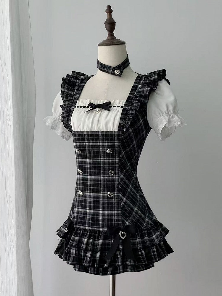 【4月29日予約締切】ブラックチェックフリルリボンパフスリーブミニドレスセットアップ+チョーカー